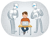 Two robots look over the shoulder of a young man working on his laptop and take notes.