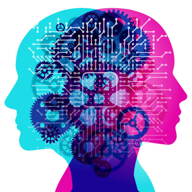 Machine Learning A Male and Female side silhouette profile overlaid with various semi-transparent Machine Gears shapes. Centrally positioned is CPU and electronic circuit board pattern. data silhouettes stock illustrations