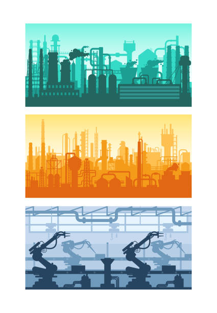 Machine-building, oil refining, gas plants, silhouettes of buildings, premises, plants. Manufacturing industrial plant, factory silhouette, manufacture industry interior, industrial industry, manufacturing process. Machine-building, oil refining silhouettes of buildings factory vector robot silhouettes stock illustrations