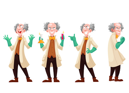 Mad professor in lab coat and green rubber gloves