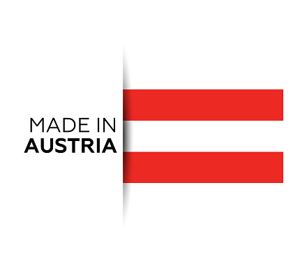 Made in the Austria label, product emblem. White isolated background