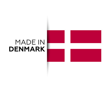 Made in the Denmark label, product emblem. White isolated background.