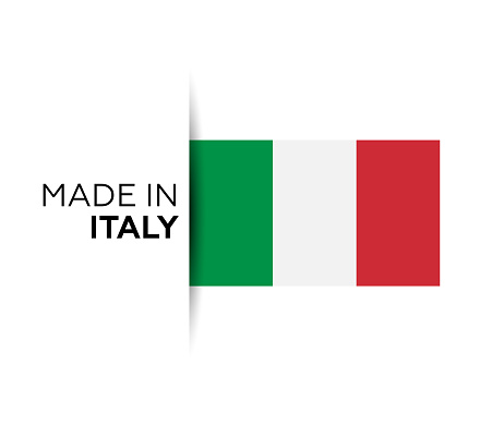 Made in the Italy label, product emblem. White isolated background