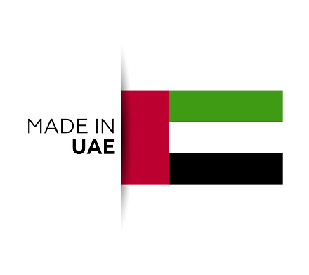 Made in the Uae label, product emblem. White isolated background.