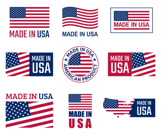 made in the usa labels set, american product emblem made in usa icon set, american product labels making stock illustrations