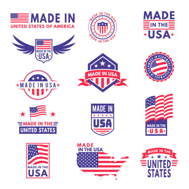 美國製造。國旗使美國美國國旗產品徽章品質愛國標籤會徽明星絲帶貼紙, 向量設置 - 美國製造 短語 插圖 幅插畫檔、美工圖案、卡通及圖標