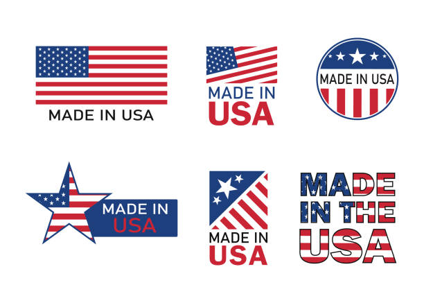 產品用美國圖示製造。美國國旗標誌的保證標籤。美國的製造業用星星和紅色條紋標誌。設計產品的最佳品質徽章。驕傲的旗幟。向量。 - 美國製造 短語 插圖 幅插畫檔、美工圖案、卡通及圖標