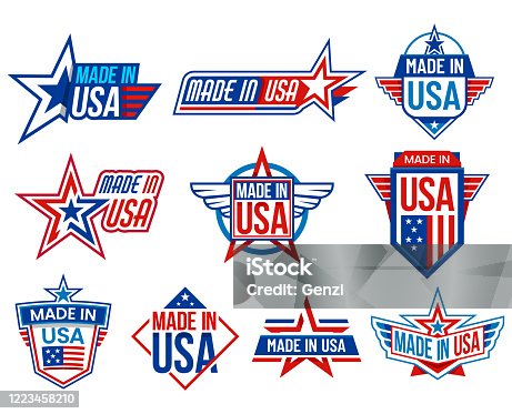 istock Made in USA labels, quality warranty certificate 1223458210