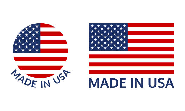 미국 로고 또는 라벨 세트로 제작되었습니다. 미국 국기와 미국 아이콘입니다. 벡터 그림입니다. - american flag stock illustrations