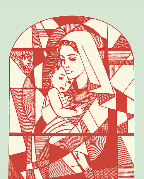 illustrazioni stock, clip art, cartoni animati e icone di tendenza di madonna e figlio/a vetrata - madonna