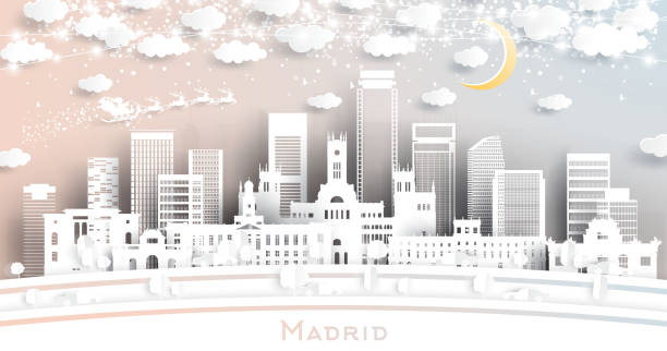 ilustrações de stock, clip art, desenhos animados e ícones de madrid spain city skyline in paper cut style with snowflakes, moon and neon garland. - madrid