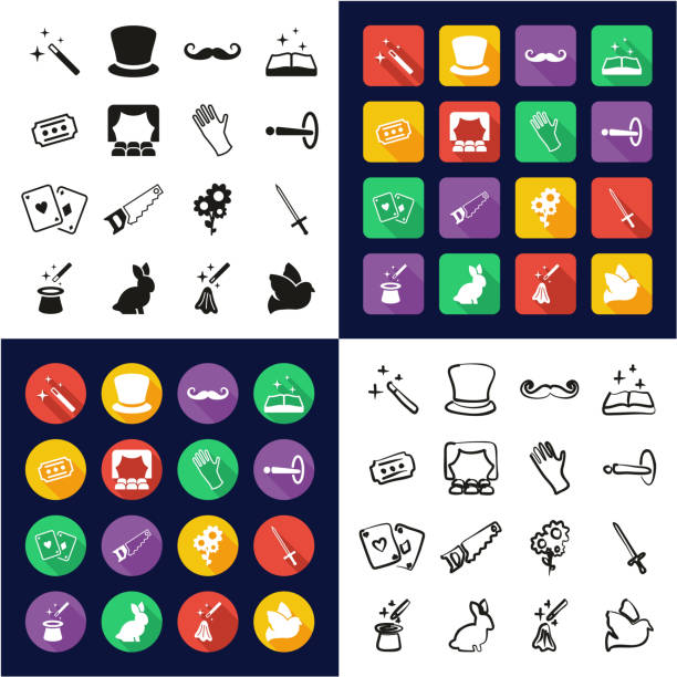 Magic All in One Icons Black & White Color Flat Design Freehand Set This image is a vector illustration and can be scaled to any size without loss of resolution. bunny poker stock illustrations