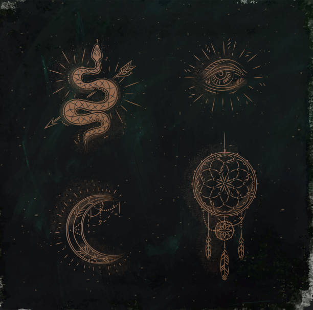 Magic and mystic signs dreamcatcher green Magic and mystic signs and symbols snake, eye, moon, dreamcatcher drawing on dark green background snakes tattoos stock illustrations