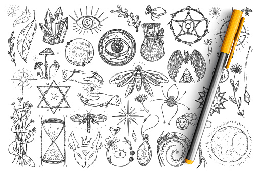 Magic and occult symbols doodle set