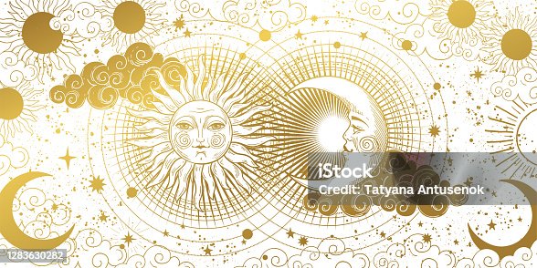 istock Magic banner for astrology, tarot, boho design. The universe, golden crescent, sun, and clouds on a white background. Esoteric vector illustration, pattern. 1283630282