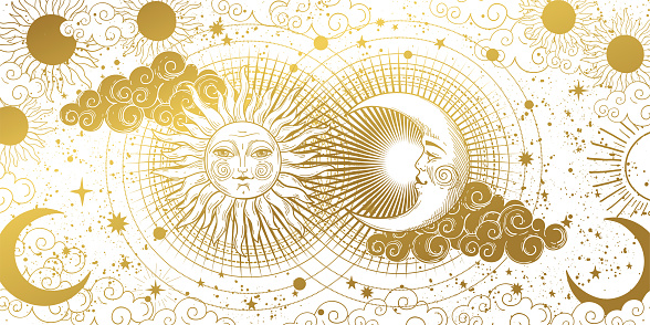 Magic banner for astrology, tarot, boho design. The universe, golden crescent, sun, and clouds on a white background. Esoteric vector illustration, pattern