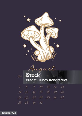istock Magic calendar 2022. Month August. Witch magic mushrooms with stars, space. Graphic vintage botanical illustrations. Hand drawn. For calendar, Halloween, planner, note, organizer. 1353837724