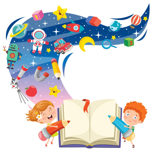 stockillustraties, clipart, cartoons en iconen met magisch concept ontwerp met grappige kinderen - book tower