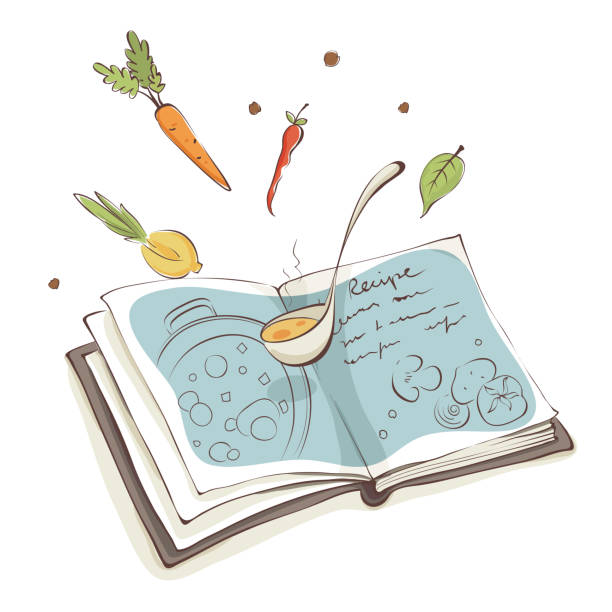 Magic Cookbook Vector illustration, recipe for soup with vegetables recipe stock illustrations