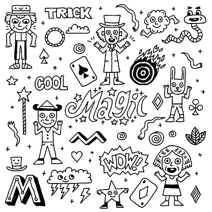 Magic Funny Doodle Set 1. Black And White Drawing. Vector Illustration.