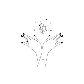 Magic hands with healing crystal in trendy linear minimal style. Logo and icons design template for cosmetics or beauty products and packaging branding name. Doodle vector illustration.