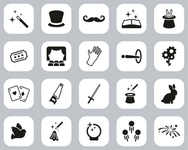 Magic & Illusion Icons Black & White Flat Design Set Big This image is a vector illustration and can be scaled to any size without loss of resolution. bunny poker stock illustrations