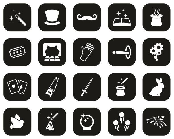 Magic & Illusion Icons White On Black Flat Design Set Big This image is a vector illustration and can be scaled to any size without loss of resolution. bunny poker stock illustrations