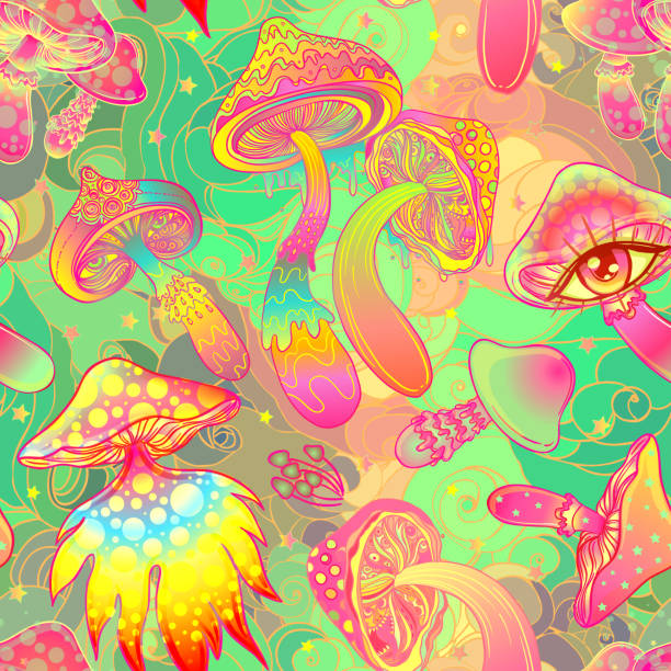 Magic mushrooms.  Psychedelic seamless pattern. Magic mushrooms.  Psychedelic hallucination. Vibrant  vector illustration. 60s hippie colorful background, hippie and boho texture. Ttrippy wallpaper. acid stock illustrations