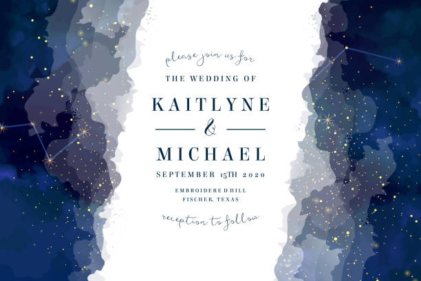 Magic night dark blue sky with sparkling stars vector wedding invite Magic night dark blue sky with sparkling stars vector wedding invite card. Andromeda galaxy.Gold glitter splash horizontal background. Golden scattered dust. Midnight milky way. Watercolor painting sky borders stock illustrations