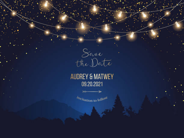 Magic night wedding lights vector design invitation Magic night wedding lights vector design invitation. Party hanging lamp garlands. Landscape blue background. Gold stars and glow. Golden scattered dust. Midnight fairytale card.Isolated and editable starry night stock illustrations