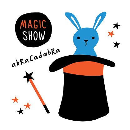 Magic show banner. Rabbit, magician equipment, top hat, magic wand, illusionist performance. Funny doodle hand drawn vector illustration. Isolated on white.
