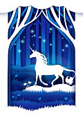 Vector layered paper cut style fairytale composition. Magic unicorn in the woods at night, mythical fairy tale character silhouette. Beautiful fairytale scene in white and blue colors.