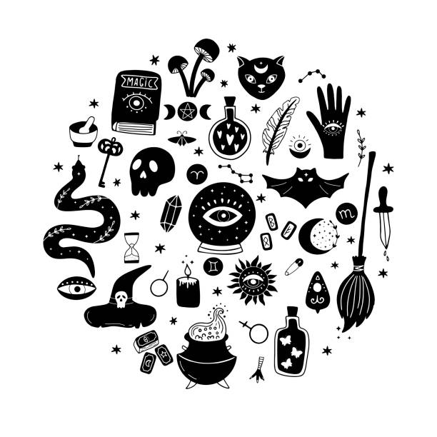 매직 벡터 라운드 세트는 크리스탈 볼, 검은 고양이, 박쥐, 두개골, 마법의 비약, 뱀, 눈 등으로 구성되어 있습니다. - tarot stock illustrations