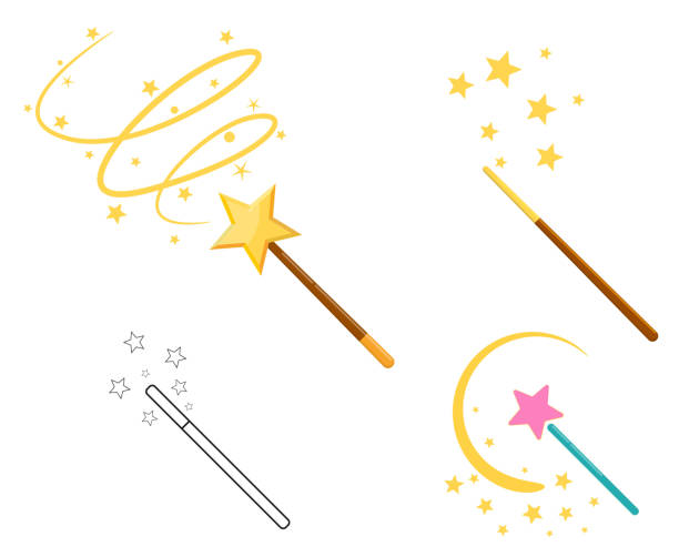 ilustraciones, imágenes clip art, dibujos animados e iconos de stock de juego de varita mágica - fairy