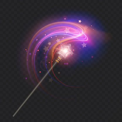 Magic wand with glowing swirl and sparkles isolated on transparent background. The magic scepter with stardust