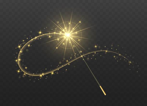 Magic wand with golden swirl and sparkles isolated on transparent background. Magic wand with golden swirl and sparkles isolated on transparent background. The magic scepter with stardust trail. fairy stock illustrations