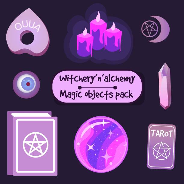 Magic witchery objects and symbols, vector pack. Crystals, candles and other pagan and occult elements. Magic witchery objects and symbols, vector pack. Crystals, candles and other pagan and occult elements. planchette stock illustrations