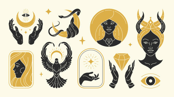 Magic woman vector illustrations of graceful feminine women and esoteric symbols set Magic woman vector illustrations of graceful feminine women and esoteric symbols set. Mysterious and witchcraft silhouette design elements for fashion print template or wall art poster decoration. pattern silhouettes stock illustrations