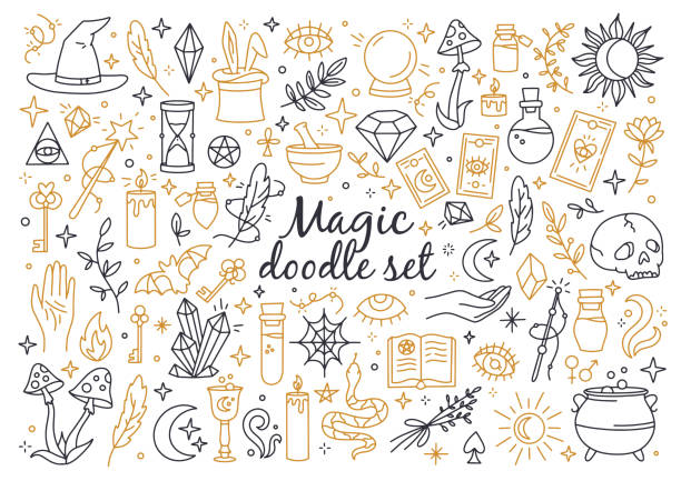 A magical and witchcraft set of doodle style icons A magical set of doodle style icons. Vector linear witchcraft and mystical symbols. Esoteric items. wizard stock illustrations