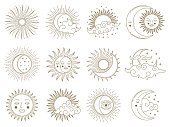 Magical moon and sun. Golden boho astrology, sun, moon, stars and clouds vector illustration set. Mystical astrology day and night symbols. Sun and moon, illustration star magic symbol, art esoteric