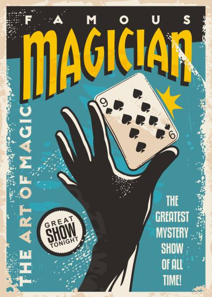 Magician poster design Magician poster design with hand silhouette and playing cards. Magic tricks show retro flyer template on blue background. Vector vintage illustration. magician stock illustrations