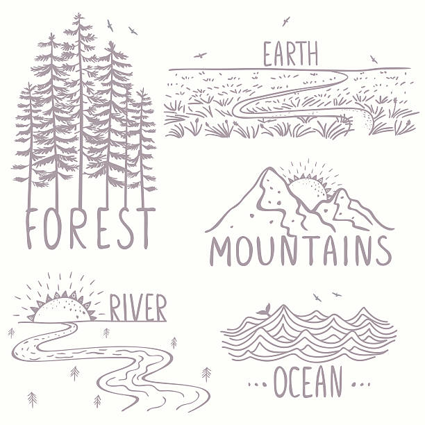 magnificent nature set Set with beautiful nature, mountains and forest, river, field and ocean. Hand drawn sketch. Stylish vector illustration mountain drawings stock illustrations