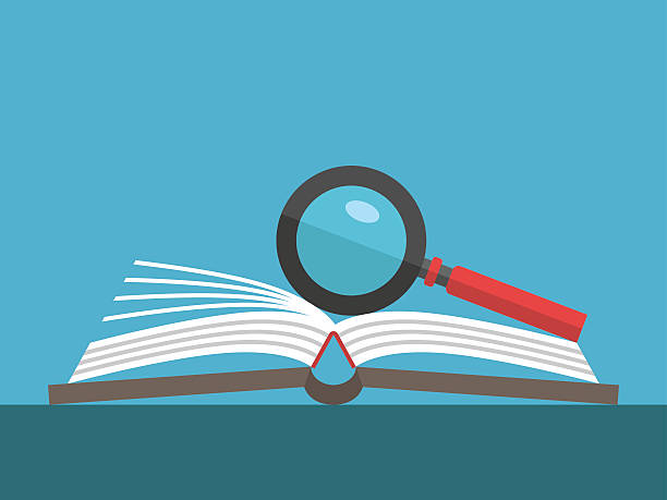 Magnifier on open book Magnifying glass on open book lying on table on blue background. Education, reading, knowledge and search concept. Flat design. Vector illustration. EPS 8, no transparency dictionary stock illustrations