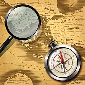 Magnifying glass and magnetic compass isolated on old map. Vector illustration