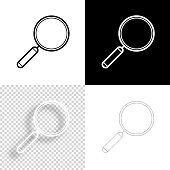 Icon of "Magnifying glass" for your own design. Four icons with editable stroke included in the bundle: - One black icon on a white background. - One blank icon on a black background. - One white icon with shadow on a blank background (for easy change background or texture). - One line icon with only a thin black outline (in a line art style). The layers are named to facilitate your customization. Vector Illustration (EPS10, well layered and grouped). Easy to edit, manipulate, resize or colorize. And Jpeg file of different sizes.