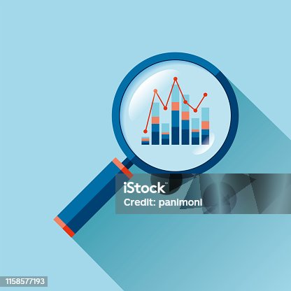 istock Magnifying glass icon in flat style. Search loupe on color background. Business analytic charts illustration. Vector design object for you project 1158577193
