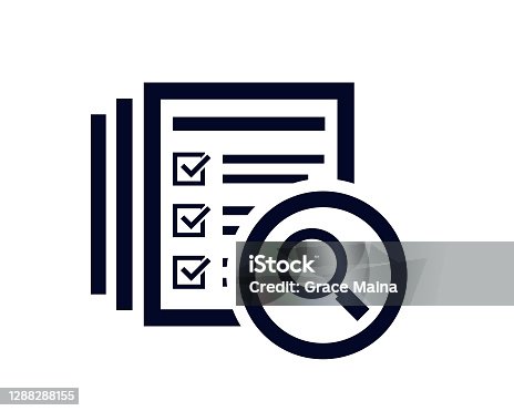istock Magnifying glass icon with document list with tick check marks 1288288155
