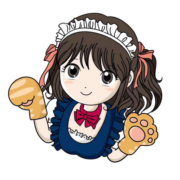 Maid Cafe girl with Cat's hand Japanese culture. It is made with vector. french maid outfit stock illustrations