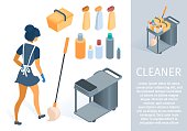 Woman Cleaner with Cleaning Trolley Mop Household Supplies Equipment Tools Vector Isometric Illustration. Maid in Uniform Cartoon Character. Professional Cleaning Service Staff with Janitor Cart