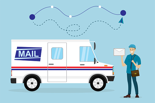 Mail delivery truck. Happy postman in uniform hold letter. Mail route tracking. Courier with mailbag, delivery and post service.